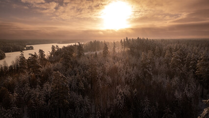 Dramatic aerial sunset over winter forest
