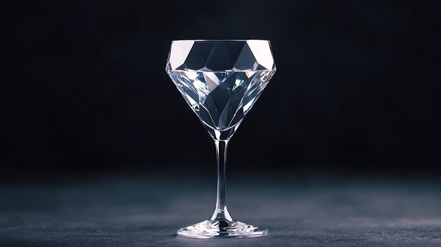 A crystal glass cocktail cup featuring a diamond shape, elegantly set against a dark background, highlighting its intricate design and clarity.