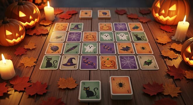 Spooky Halloween memory game setup with glowing jack-o'-lanterns, candles, and autumn leaves