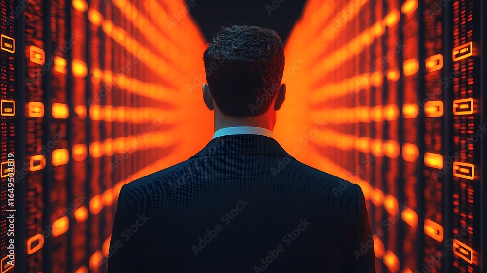 Poster a businessman stands facing a colorful display of data, symbolizing technology and information flow 