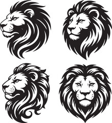 Obraz premium Four Black And White Lion Head Illustrations Showing Profile And Front Views lions face