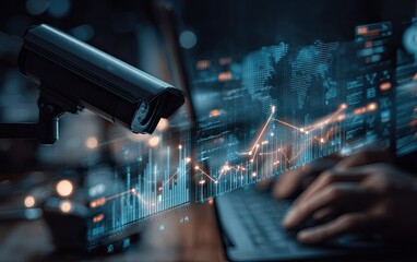Security camera and laptop with overlaid data visualizations