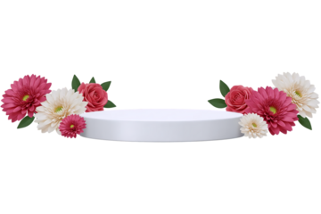 A white cylinder podium decorated with beautiful arrangements of pink and red dahlias. This vibrant floral scene is isolated on a white background, great for summer or cosmetic product displays.