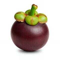 Whole purple mangosteen tropical fruit with characteristic green sepals crown on pure white background isolated product shot