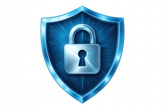 Metallic padlock gleaming on blue shield, symbolizing digital security and data protection against cyber threats, isolated on transparent background