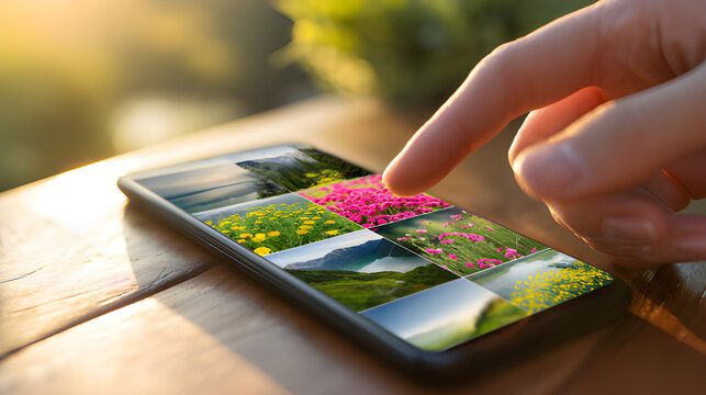 Person finger scrolling through smartphone photo gallery grid on a sunlit background. Mobilephone screen collage images with flowers landscape on a rustic isolated on blurred sunlit background 