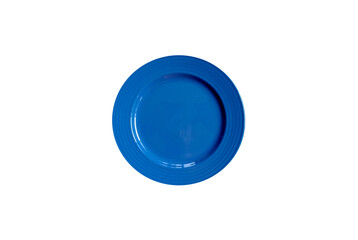 Top view single blank blue circular dish isolated white background. eating food, cook, rice
