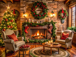 Obraz premium A cozy christmas interior with decorated tree, fireplace and festive ornaments