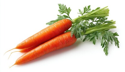 Two fresh carrots with green tops, isolated on white