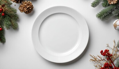 Empty white plate centered on a white surface, surrounded by Christmas decorations