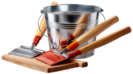 Garden Tools: A gleaming bucket and a selection of sharp garden tools are laid out on a wooden cutting board, symbolizing preparation and productivity for an outdoor task.