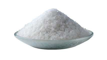 A mound of white crystalline substance on a clear glass plate against a white background plain shot