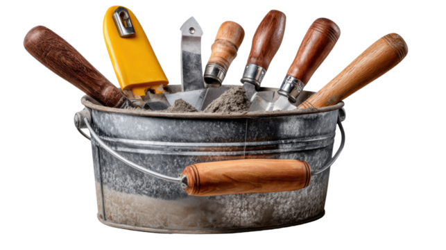 Bucket of Builder's Tools: A galvanized metal bucket overflows with essential construction hand tools with wooden handles, essential implements of the trades.
