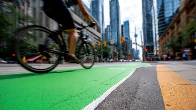 Cyclist pedals along designated green bike lane, promoting sustainable transportation and urban mobility amidst towering skyscrapers and bustling city life