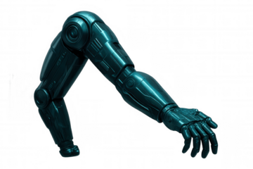 Metallic robotic arm extending forward, isolated on a transparent background, showcasing futuristic technology