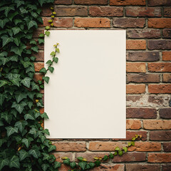 A blank off-white poster on a weathered red brick wall with lush green ivy climbing around its edges.