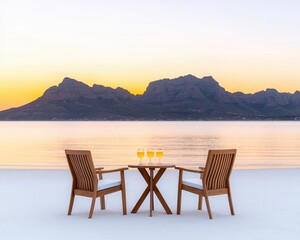 Fototapeta premium An idyllic outdoor scene features a small table and chairs with drinks, overlooking calm water and majestic mountains. 