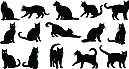 Silhouette, black cat, feline, pet, animal, vector, illustration, graphic, pose, walking, sitting, stretching, standing, design, creative, collection, set, artwork, clipart, isolated
