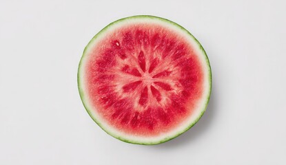 A crisp, round slice of watermelon, showcasing its vibrant red flesh and green rind. The center exhibits a starburst pattern of seed cavities