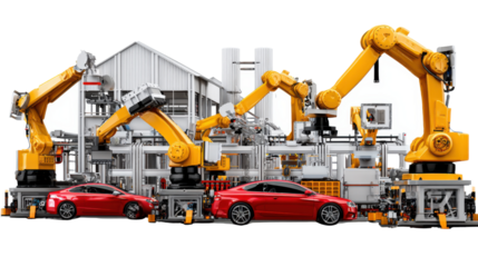 Automated Assembly: A striking image captures the essence of modern industry, featuring an automated assembly line, showcasing robotic arms and cars in a dynamic display of innovation and efficiency.
