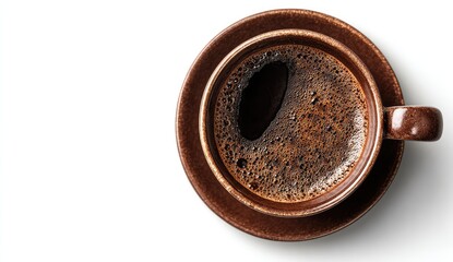 High-angle view of a cup of dark coffee.  Rich, dark brown liquid fills a ceramic cup, resting on a matching saucer.  A frothy crema is visible on the surface.  Clean white background