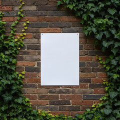 A blank white poster mockup hanging on a rustic brick wall framed by climbing green ivy vines.