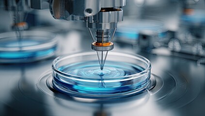 Close-up of automated laboratory equipment dispensing liquid into petri dishes.  Precision metal components,  blue liquid, and  scientific apparatus are visible