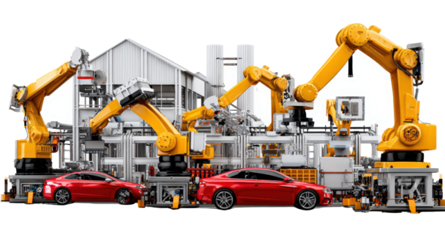 Automated Assembly: A striking image captures the essence of modern industry, featuring an automated assembly line, showcasing robotic arms and cars in a dynamic display of innovation and efficiency.