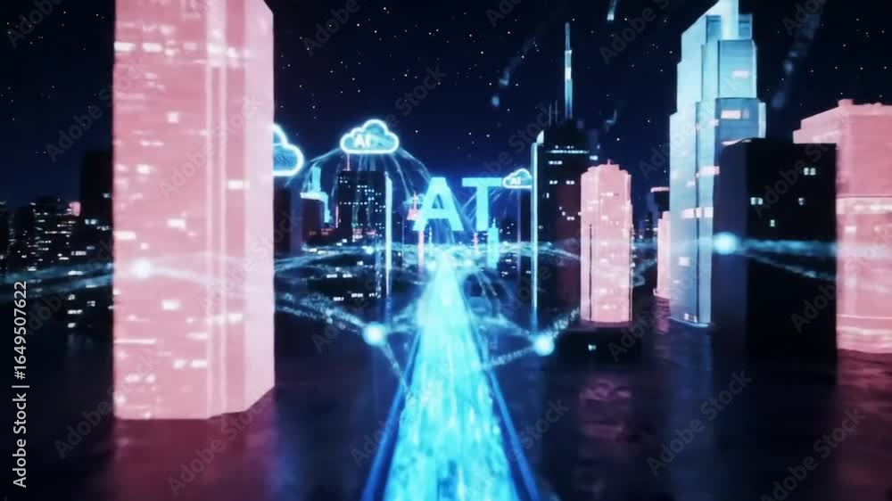Poster an abstract digital representation showcases a futuristic cityscape with glowing structures and path