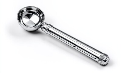 Polished chrome utensil with a shallow, round bowl and a long, sculpted handle