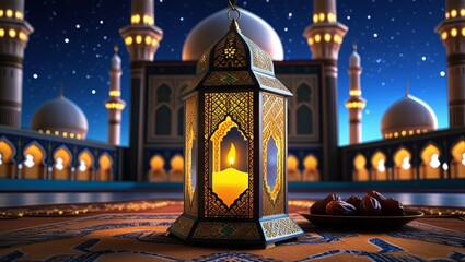 Ornamental Arabic lantern with burning candle glowing at night mosque background. Festive greeting card, invitation for Muslim holy month Ramadan Kareem