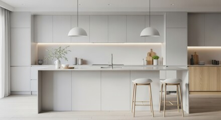 Fototapeta premium Modern, minimalist kitchen interior with light gray cabinets, a large island, and pendant lights.