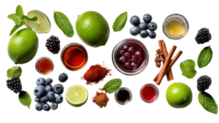A medley of Flavors: This stunning shot showcases a colorful composition of fresh, vibrant ingredients: limes, blueberries, blackberries, mint, cinnamon sticks and more.