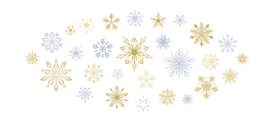Luxury hand drawn paint brush golden and silver snowflakes. Fancy Merry Christmas and Happy New Year crayon snow flake background. Winter festive trendy pastel textured design. Pencil, chalk scribbles