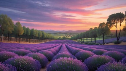 Obraz premium Beautiful natural landscape with blooming lavender fields under an amazing sunset, featuring a moody sky, pastel tones, and a panoramic view lined with trees along the horizon