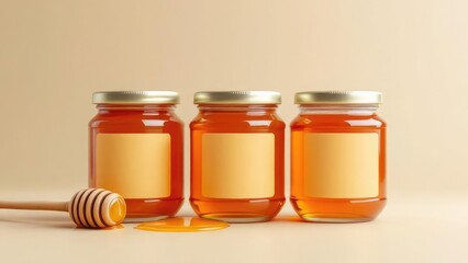 Three jars of honey, each featuring a blank label for customization The jars are arranged in a row on a smooth, solid color background Alongside the jars is a wooden honey dippe