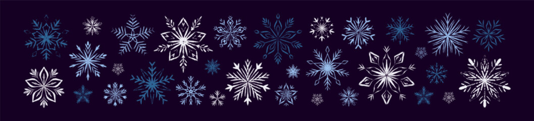 Hand drawn crayon snow flake dark blue winter background. Happy New Year and Merry Christmas fancy pastel pattern snowflake design. Festive December holiday paint brush drawing border decor