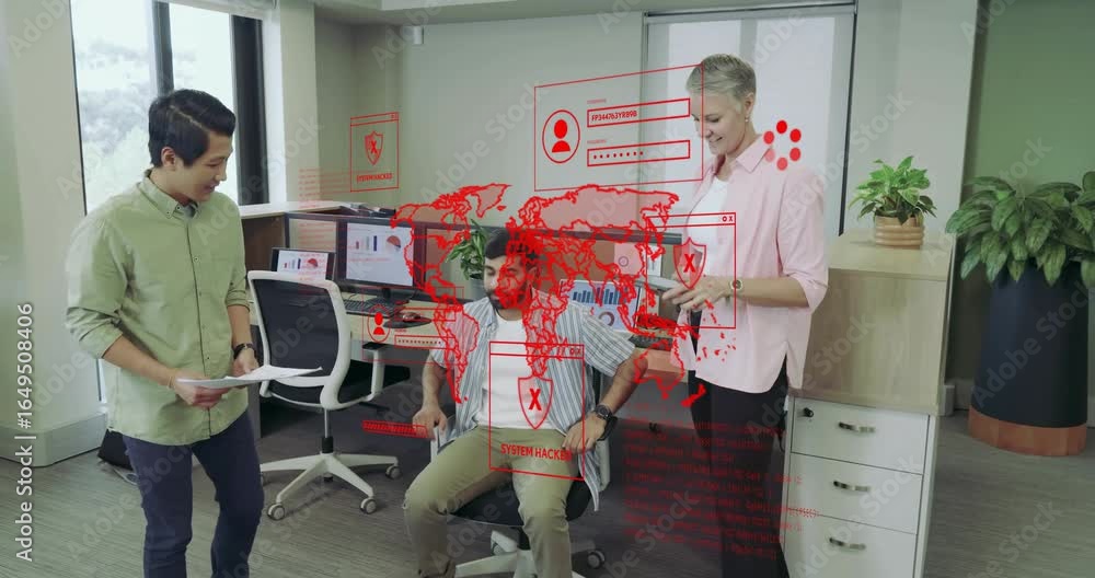 Poster it team reacting to hacking overlay, handing documents and analyzing phone data resolving breach