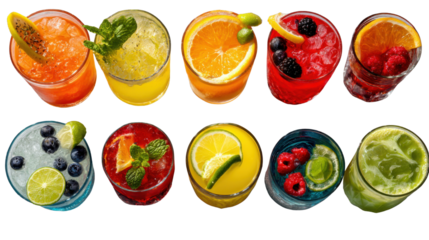 Refreshing Assortment of Cocktails: A vibrant overhead shot showcases an array of meticulously crafted cocktails. Each glass bursts with refreshing colors. A visual delight that will make you crave.