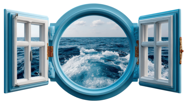 Seascape Views Through the Open Window: a tranquil view of the boundless ocean unfolds through a charming open window, offering a glimpse into the depths of the sea and the expansive sky.