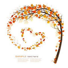 Autumn abstract background with tree and flying colorful leaves gathered in the form of a heart. Vector.