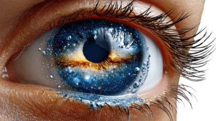 Vision of Cosmos: A close-up depiction of an eye, beautifully blending a universe within its iris, complemented by flowing tears and long lashes.