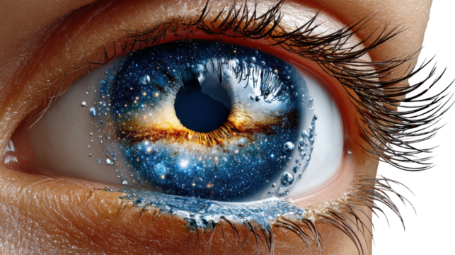 Vision of Cosmos: A close-up depiction of an eye, beautifully blending a universe within its iris, complemented by flowing tears and long lashes.
