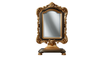 Golden Mirror: A stunning antique mirror, adorned with intricate gilded carvings and a regal design. This exquisite piece, set on a decorative base, exudes timeless elegance and sophistication.