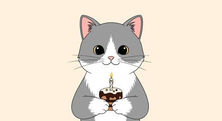 Obraz premium Adorable grey and white cat holding a birthday cake with a single candle