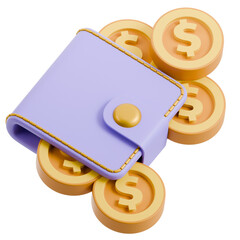 Cute 3D purple wallet overflowing with gold dollar coins. Financial savings, income, and payment concept icon.