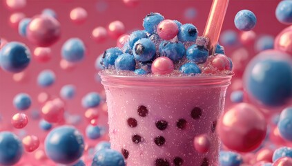 Bubble tea with floating spheres. Pink and blue orbs surround a beverage