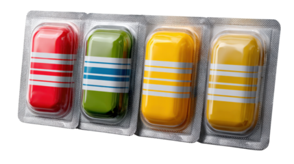 Colorful blister pack treats: A close-up shot of individually wrapped, colorful rectangular treats, showcasing vibrant red, green.