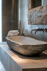 Luxury Modern Bathroom:  Stone Vessel Sink, Concrete Vanity, Rustic Wood Accents