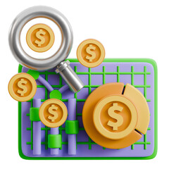 3D Financial Analysis Concept: Magnifying Glass, Dollar Coins, and Market Charts for Investment Growth